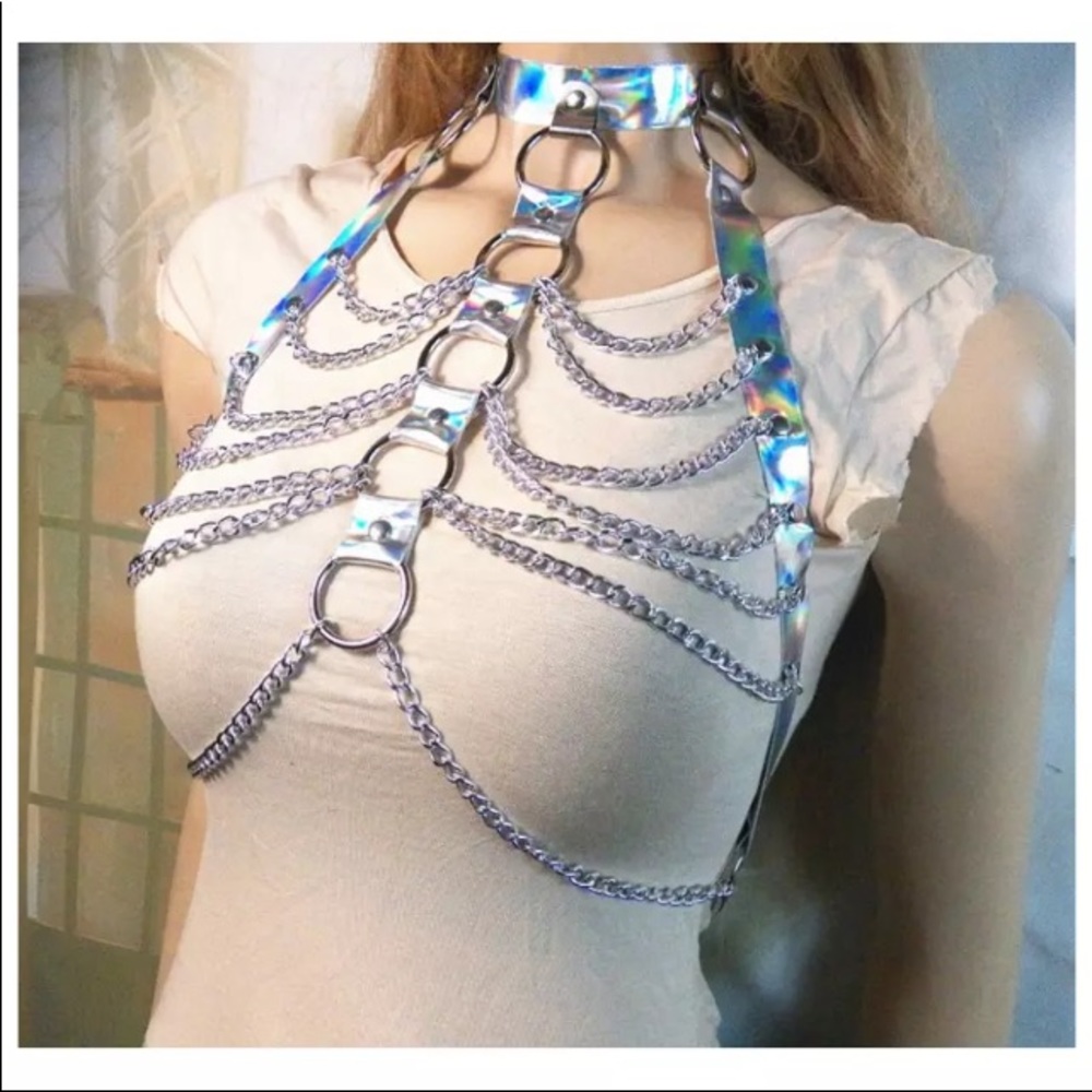 😻Halter Color Body Harness Chain Holographic Top.